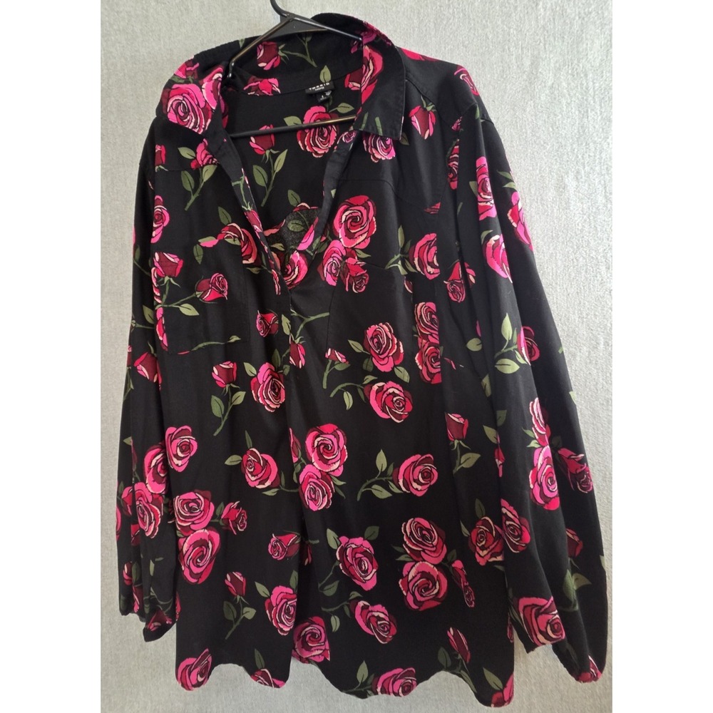Torrid Harper 4X Blouse Black Red Roses Flowy Whimsigoth Romantic Career Vamp